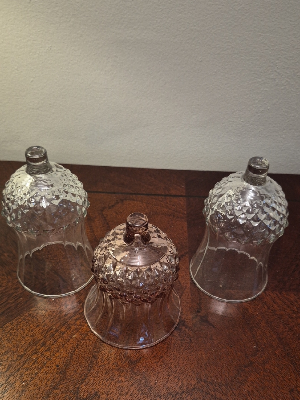 Vintage Homco Clear & Light Cranberry  Pressed Glass Bell Votive Set - 3 Pieces